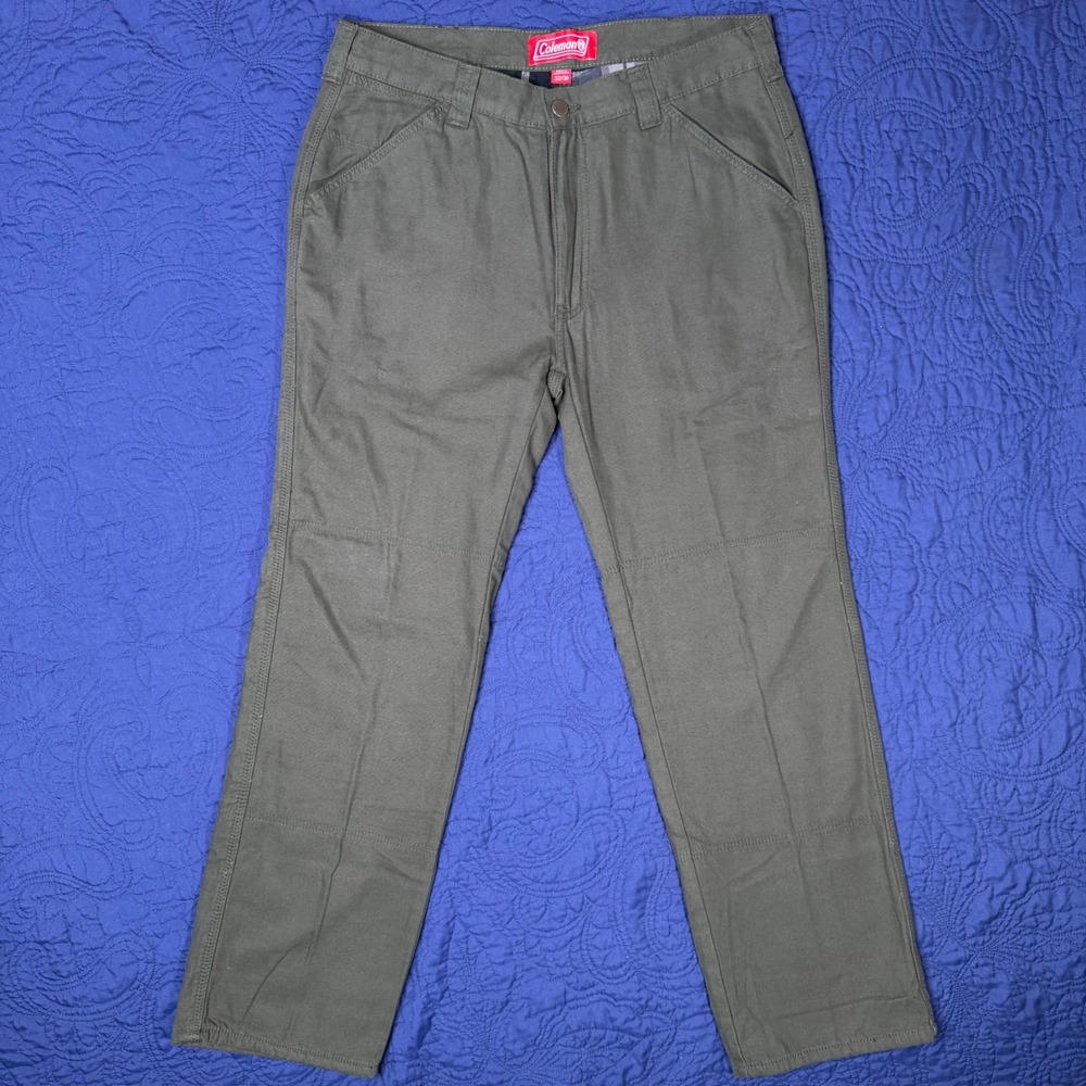 Coleman Mens Flannel Lined Work Pants Olive Green Canvas Double Knee 32x29 EUC